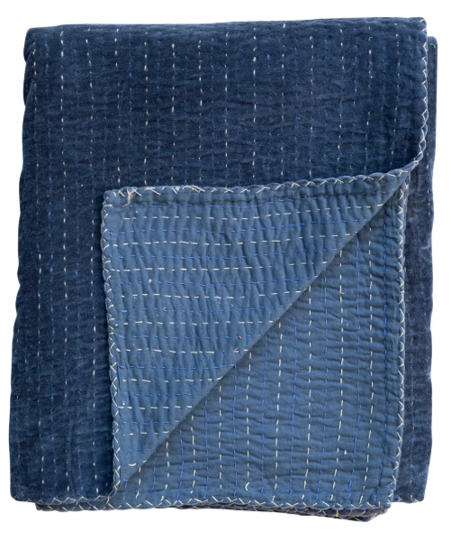 Navy Cotton Velvet Throw w/ Kantha Stitch