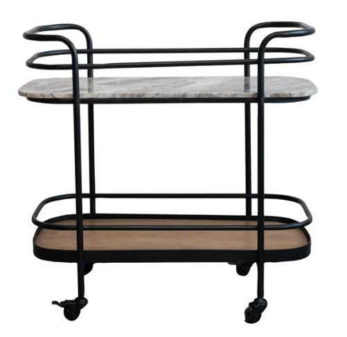 Metal, Marble & Mango Wood 2-Tier Bar Cart