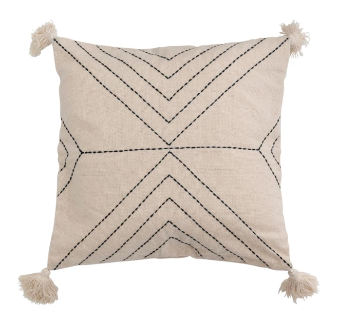 18" Cotton Blend Pillow w/ Embroidery & Tassels
