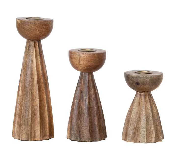 SM - Carved Mango Wood Taper Holder