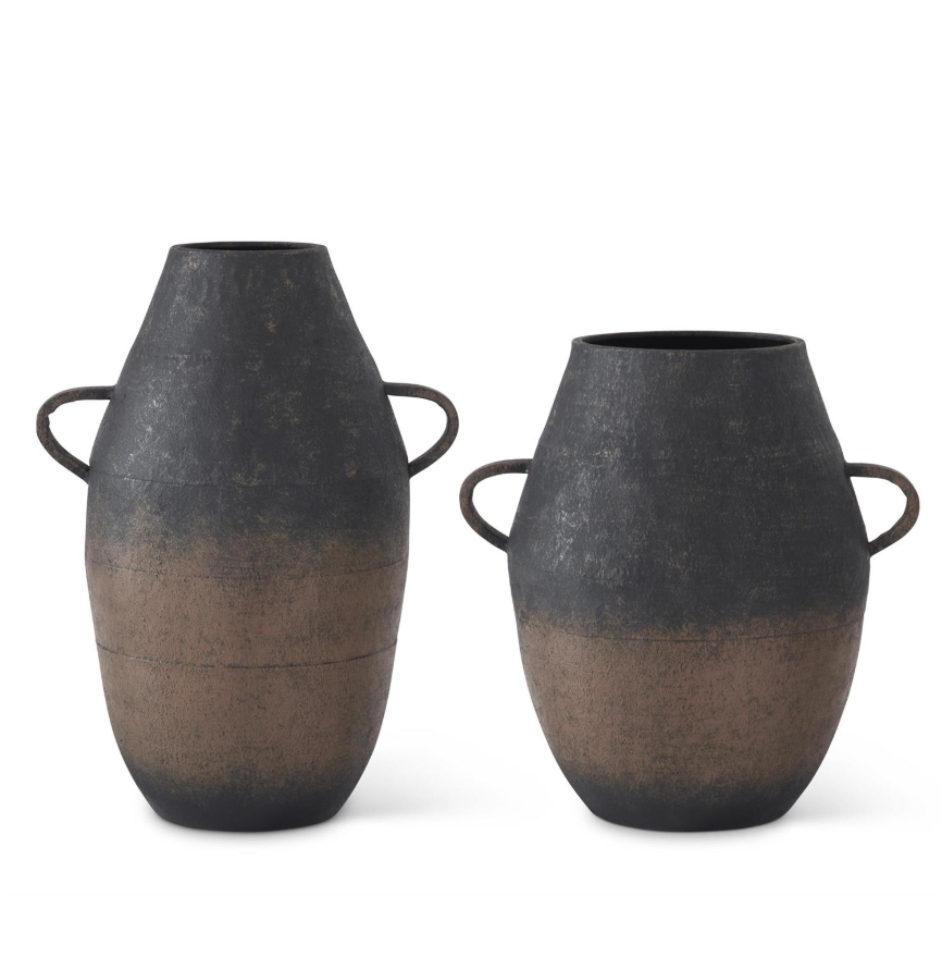 Black + Brown Metal Vase w/ Handles