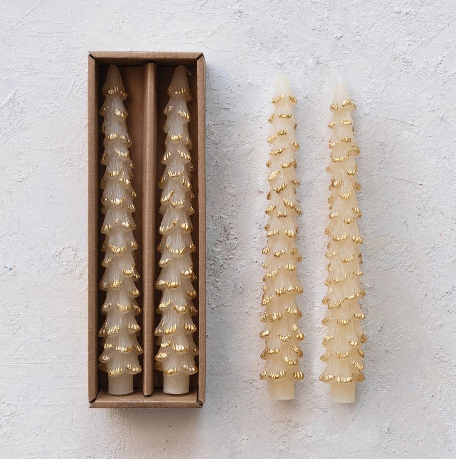 Tree Taper Candle Set of 2 - Eggnog + Gold