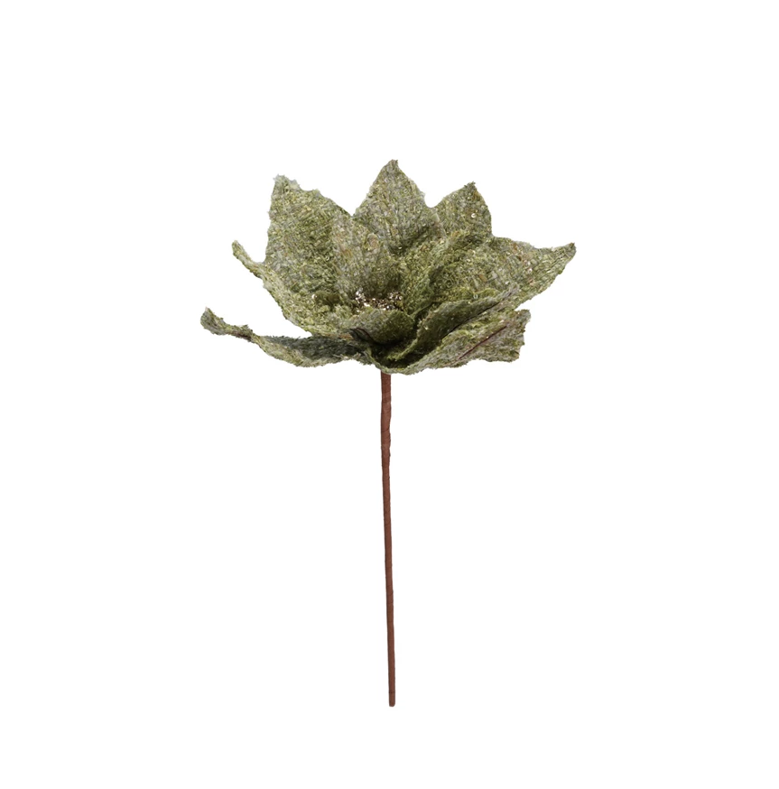 Green Tweed Poinsettia Pick w/ Glitter