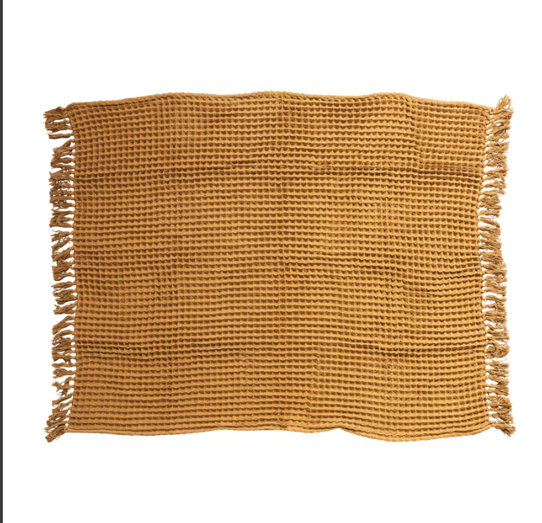 Mustard Waffle Weave Throw w/ Fringe