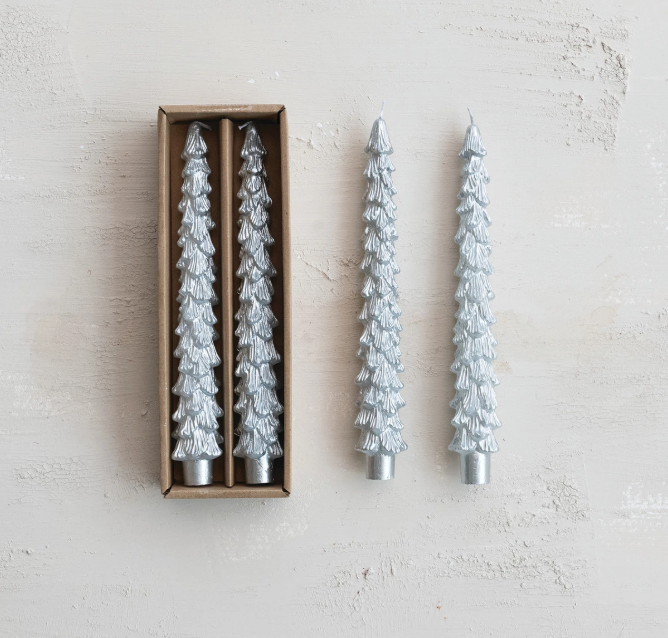 Tree Taper Candle Set of 2 - Silver