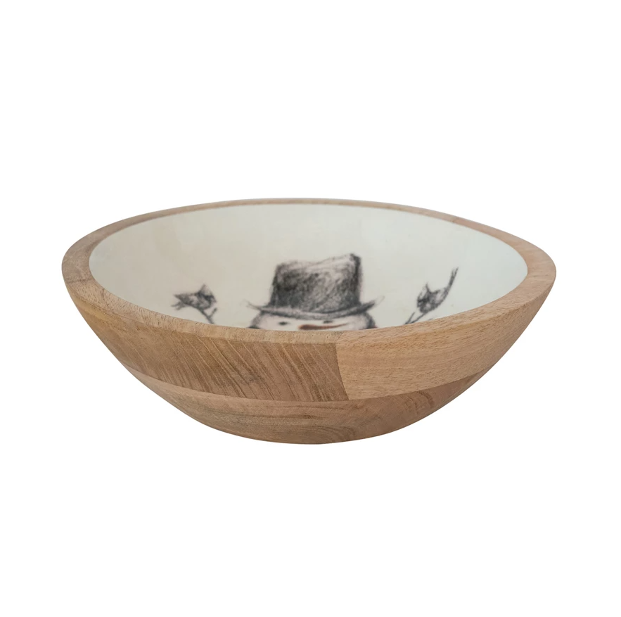 Mango Wood Bowl w/ Snowman/Bird