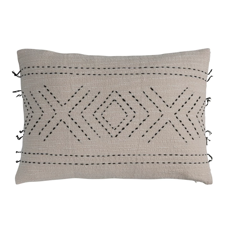 Hand-Embroidered Cotton Lumbar Pillow