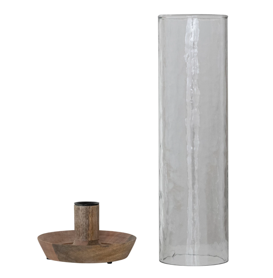 Mango Wood Taper Holder w/ Hammered Glass Hurricane