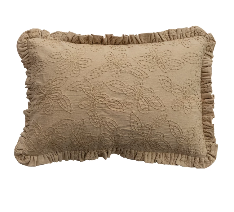 Beige Hand-Embroidered Lumbar Pillow