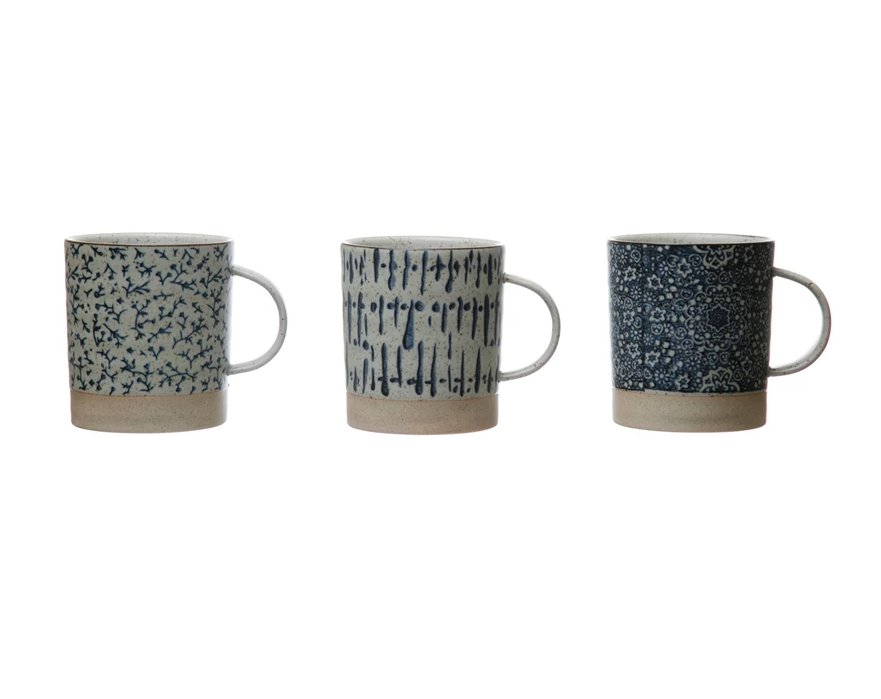 Blue Hand-Stamped Stoneware Mug - 3 STYLES