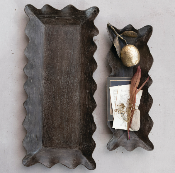 Distressed Black Scalloped Tray - LG