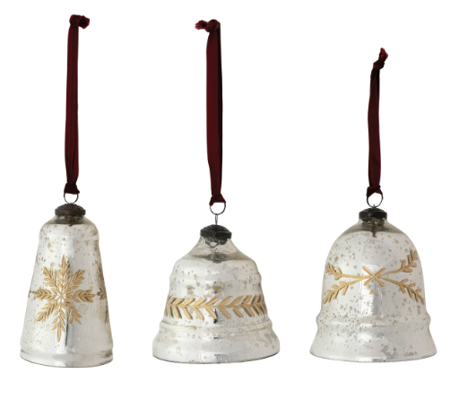 Etched Glass Bell Ornament w/ Burgundy Ribbon - 3 Styles