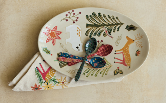 Stoneware Platter w/ Seasonal Animals & Botanicals