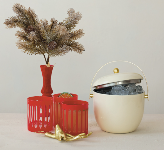 Enameled Stainless Steel Ice Bucket with Gold Finish Knob & Handle