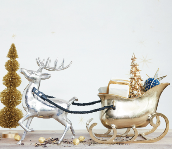 Aluminum Reindeer & Sleigh w/ Cotton & Leather Reins