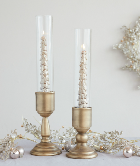Gold Taper Holder with Glass Hurricane - L
