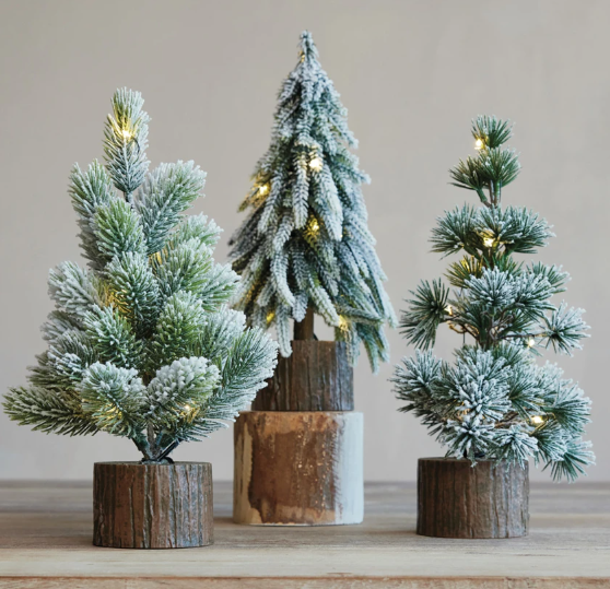 Snowy Tree w/ Wood Base & Lights - 3 Styles