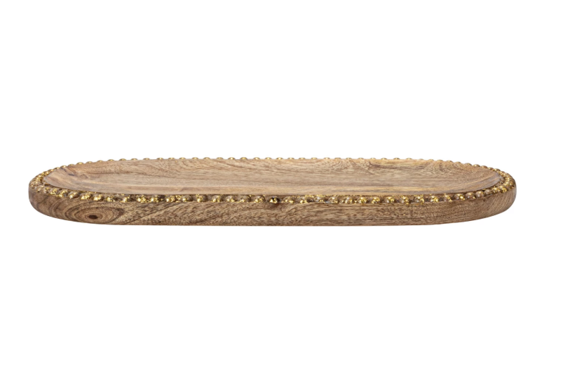 Hand-Carved Mango Wood Tray w/ Wood Gold Beads
