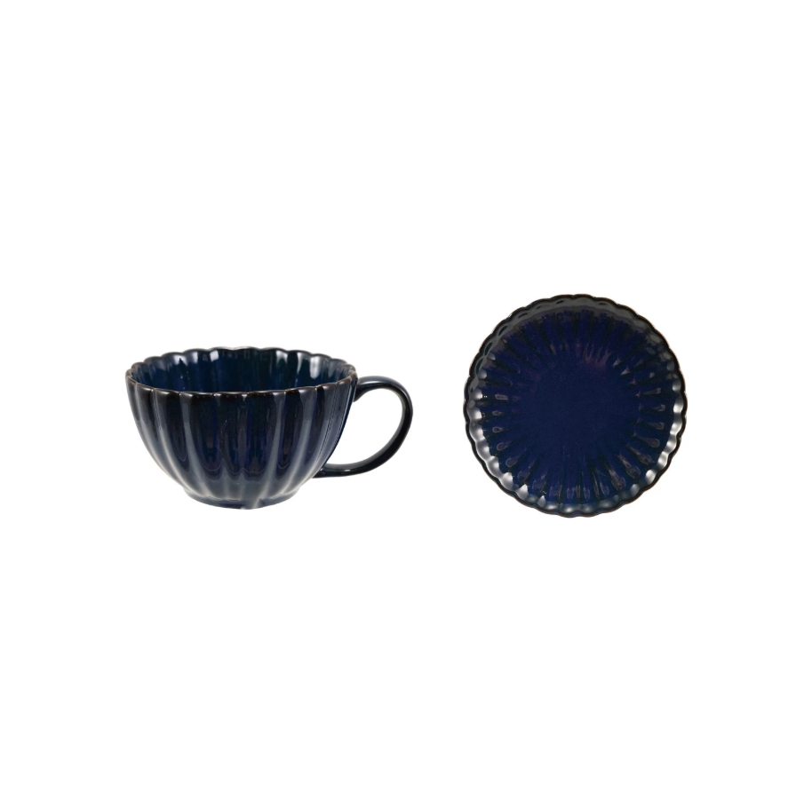 Blue Ribbed Mug w/ Saucer