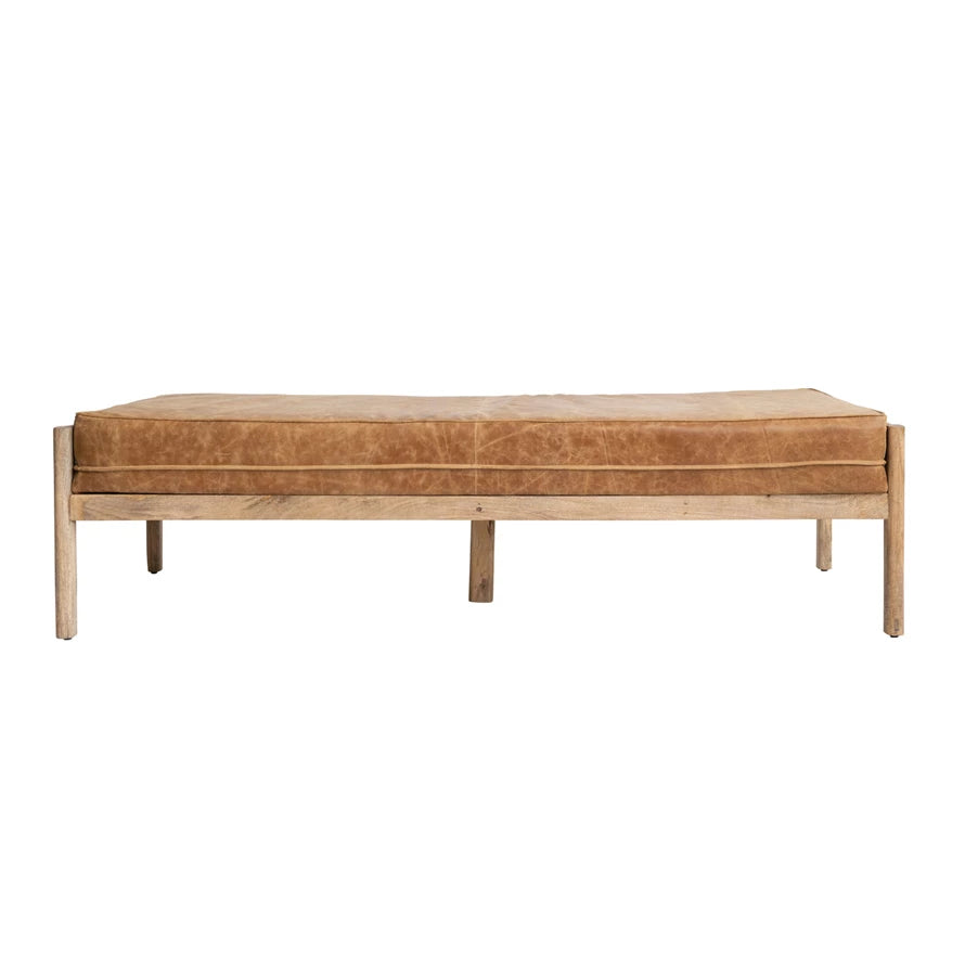 Mango Wood + Leather Bench