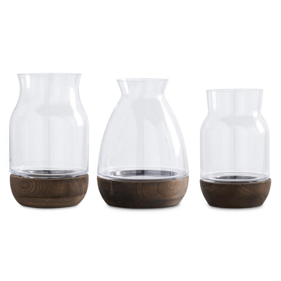 SM WOOD BASE GLASS VASE