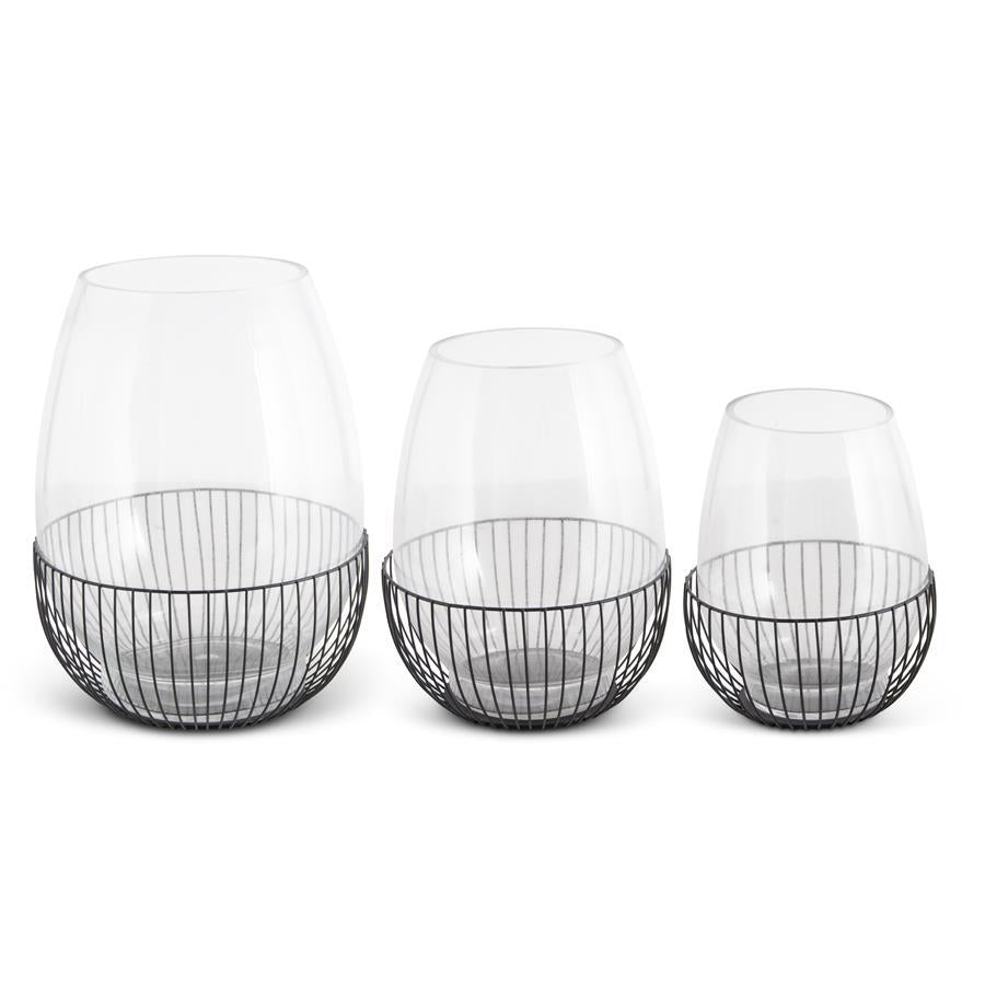 SM GLASS VASE W/METAL CAGE