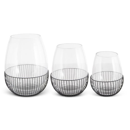 SM GLASS VASE W/METAL CAGE