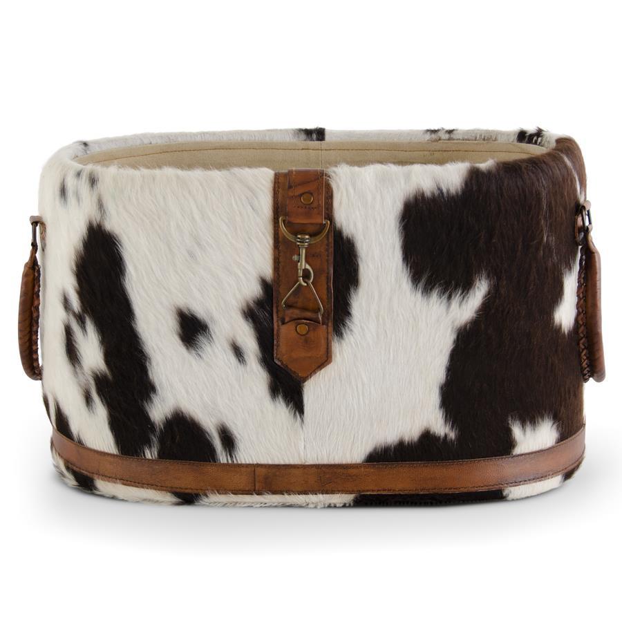 BLACK AND WHITE OVAL COW HIDE BASKET