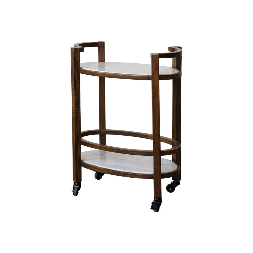 Mango Wood 2-Tier Bar Cart w/ Marble Shleves
