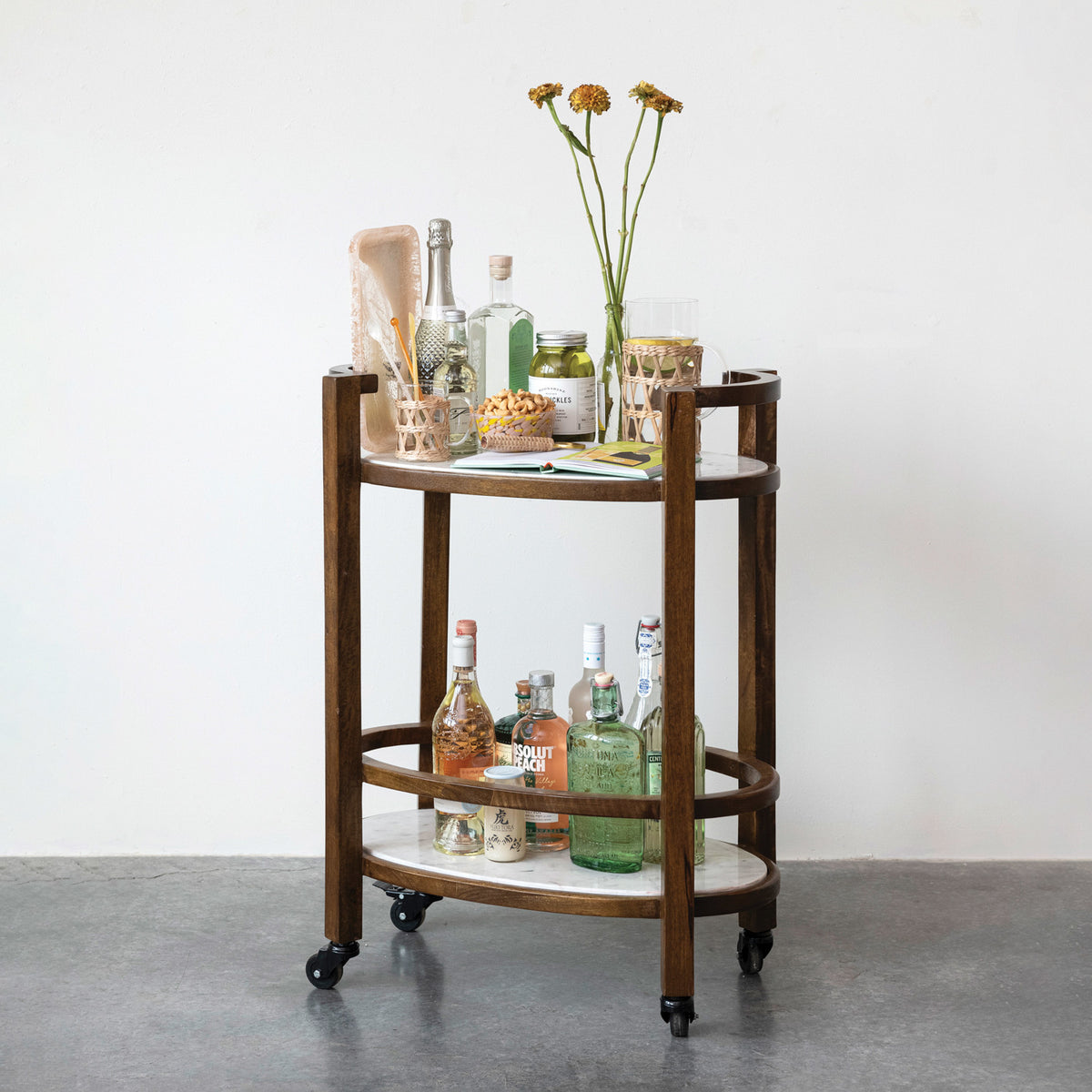 Mango Wood 2-Tier Bar Cart w/ Marble Shleves