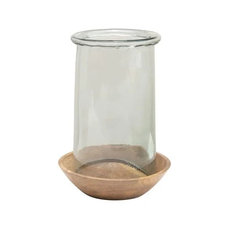 Glass Hurricane With Wood Base