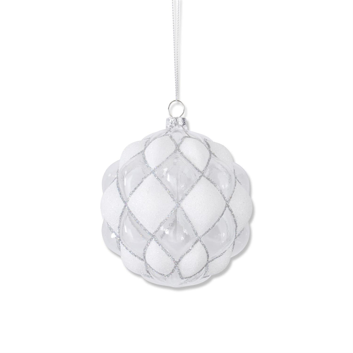 4.5” ROUND BEADED WHITE ORNAMENT