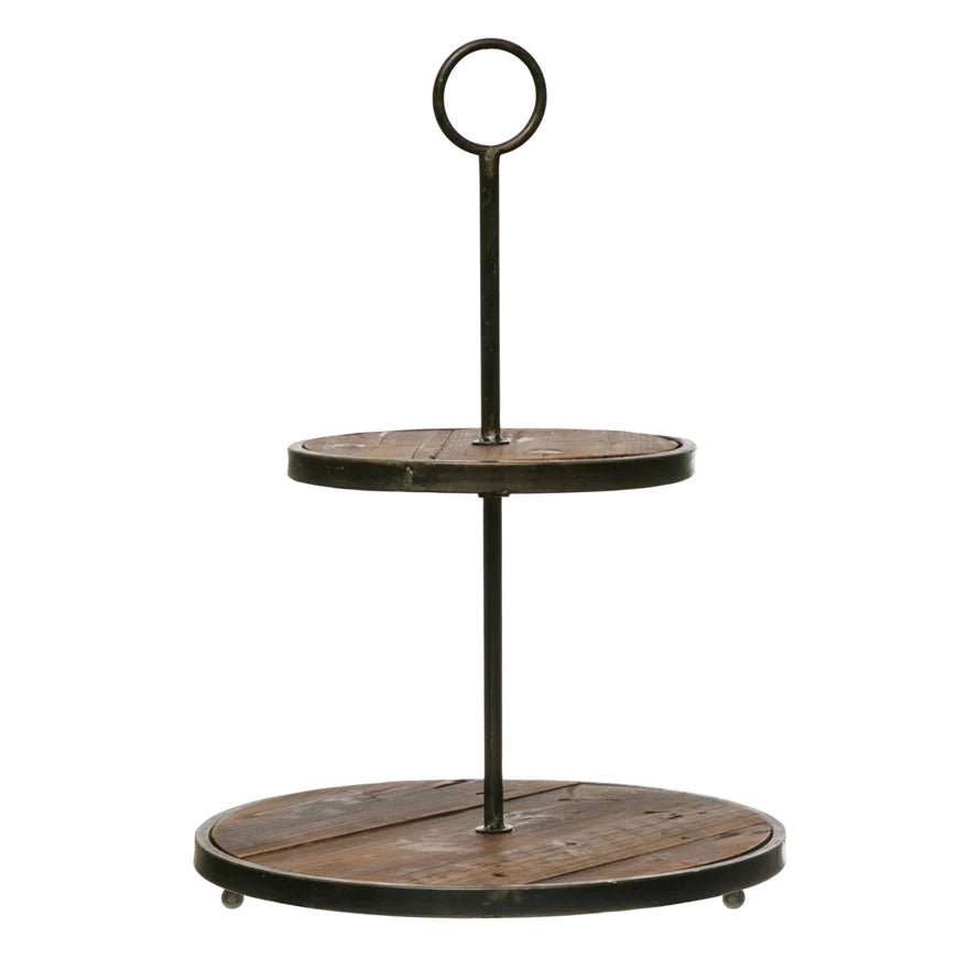 22” Metal and Wood 2-Tier Tray