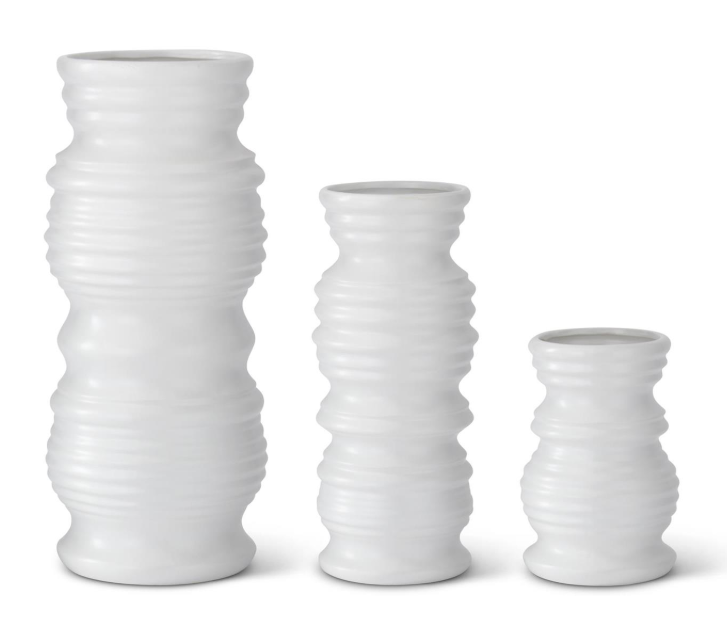 Matte White Stoneware Ribbed Vase - MD