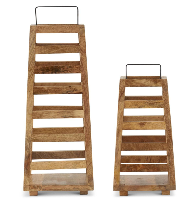 Trapezoid Wood Slat Lanterns w/Black Metal - LG