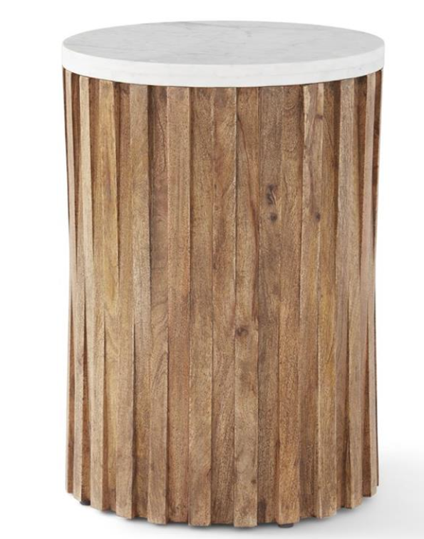 24.25" Marble & Distressed Slat Mango Wood Side Table