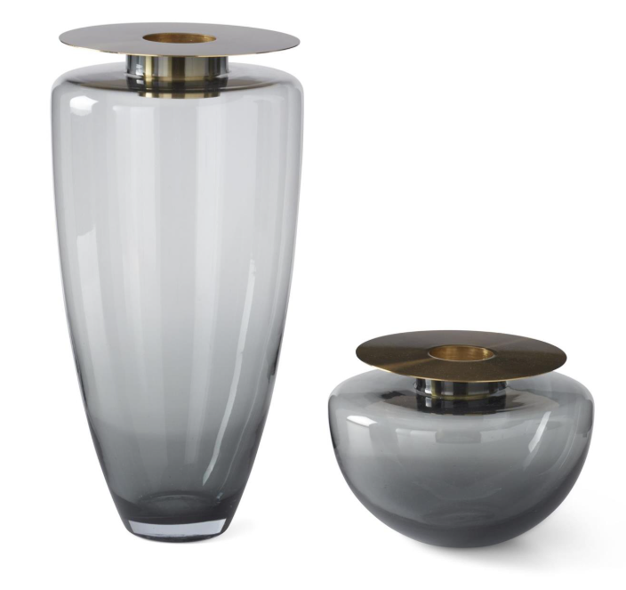 SM Gray Glass Vase w/Brass Topper