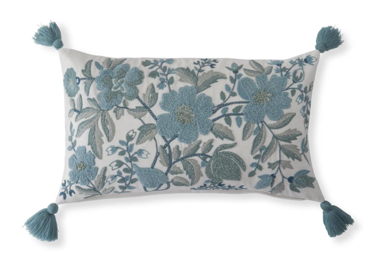 14" Lumbar White & Blue Embroidered Pillow w/ Tassels