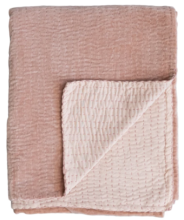 Blush Cotton Velvet Throw w/ Kantha Stitch