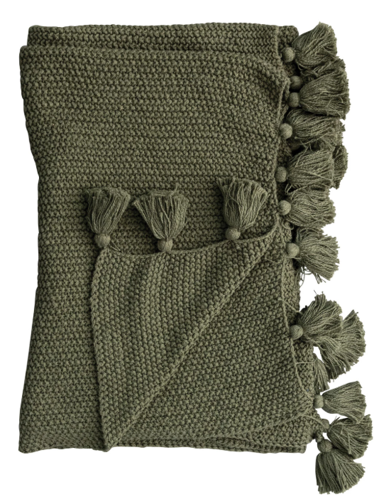 60"x50" Olive Green Cotton Knit Throw w/ Tassels