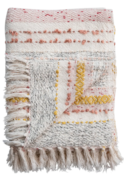Woven Cotton Blend Throw w/ Stripes, Embroidery & Fringe