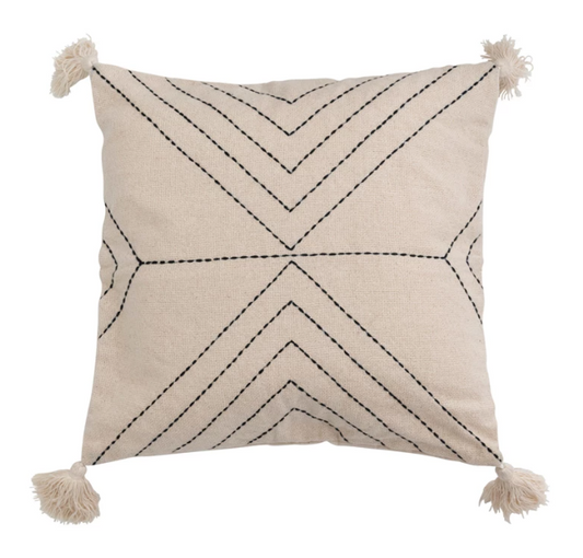 18" Cotton Blend Pillow w/ Embroidery & Tassels