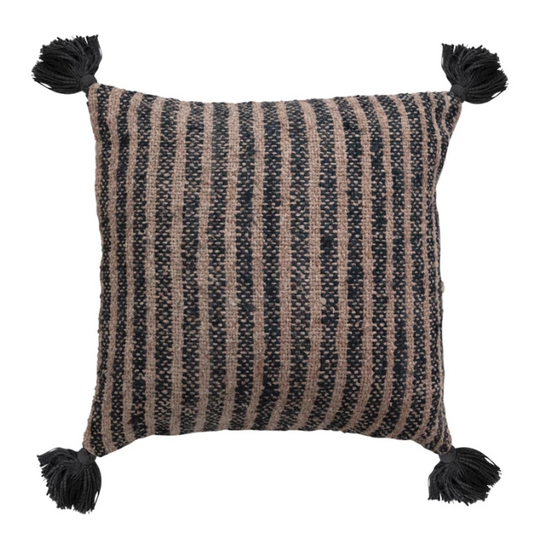 18" Woven Cotton Pillow w/ Stripes & Tassels