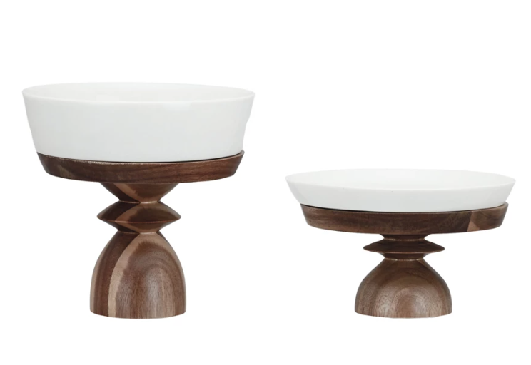 SM - Stoneware Dish w/ Acacia Wood Pedestal
