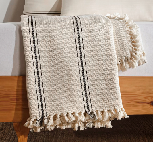 Cream Stripe Cotton Throw Blanket