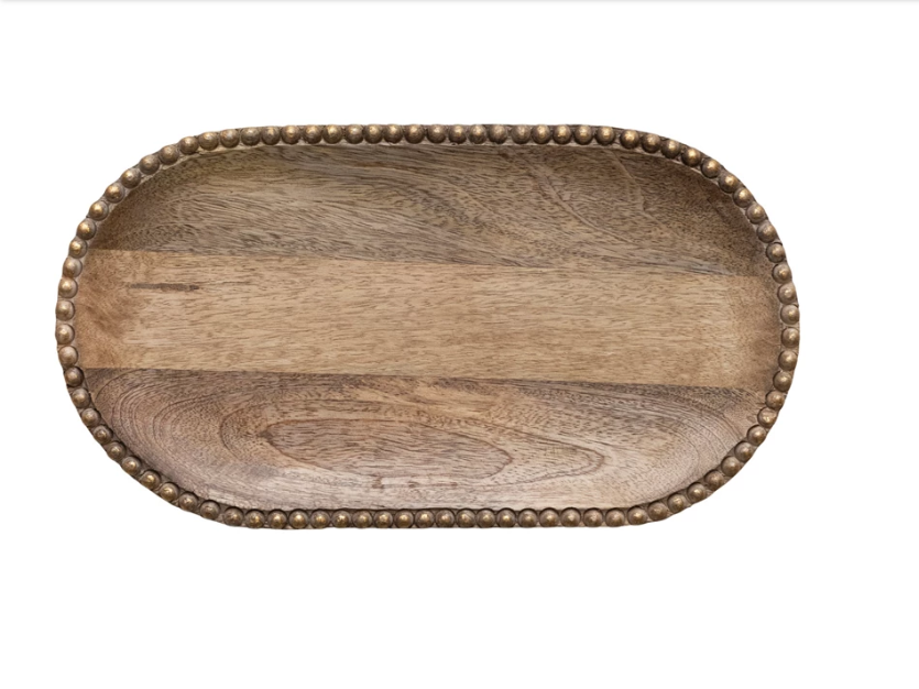 Hand-Carved Mango Wood Tray w/ Wood Gold Beads
