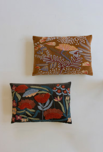 Embroidery Pillows w/ Flowers - 2 COLORS