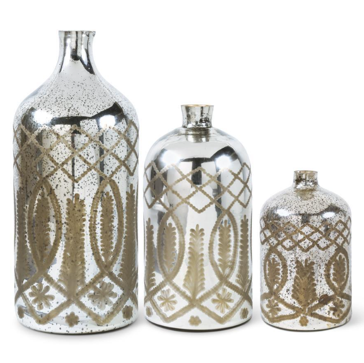 MD - Etched Mercury Glass Bottle Vase