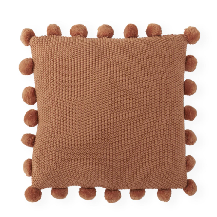 20" Rust Knit Pillow w/ Pompoms
