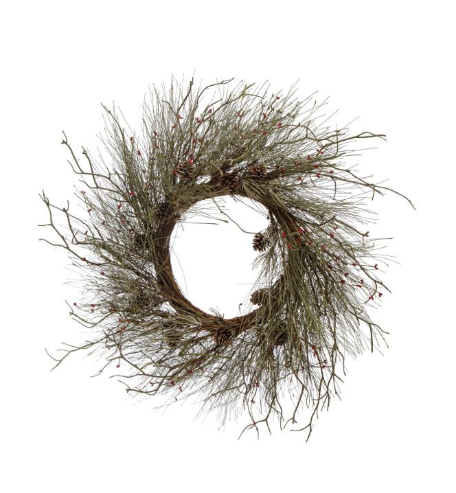 40" Pine Wreath w/ Twigs + Berries